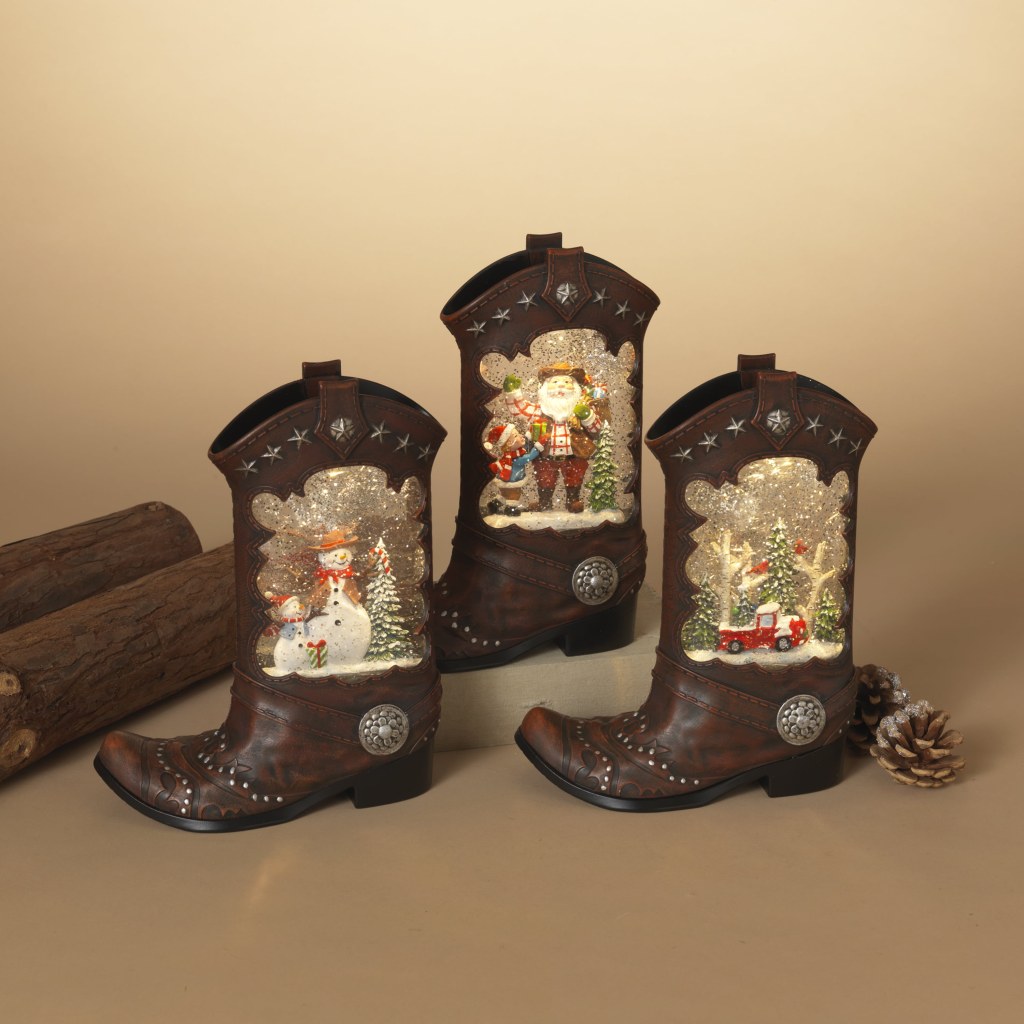 Picture of: Christmas Cowboy Cowgirl Boots Shaped Spinning Glitter Water Snow Globes Set