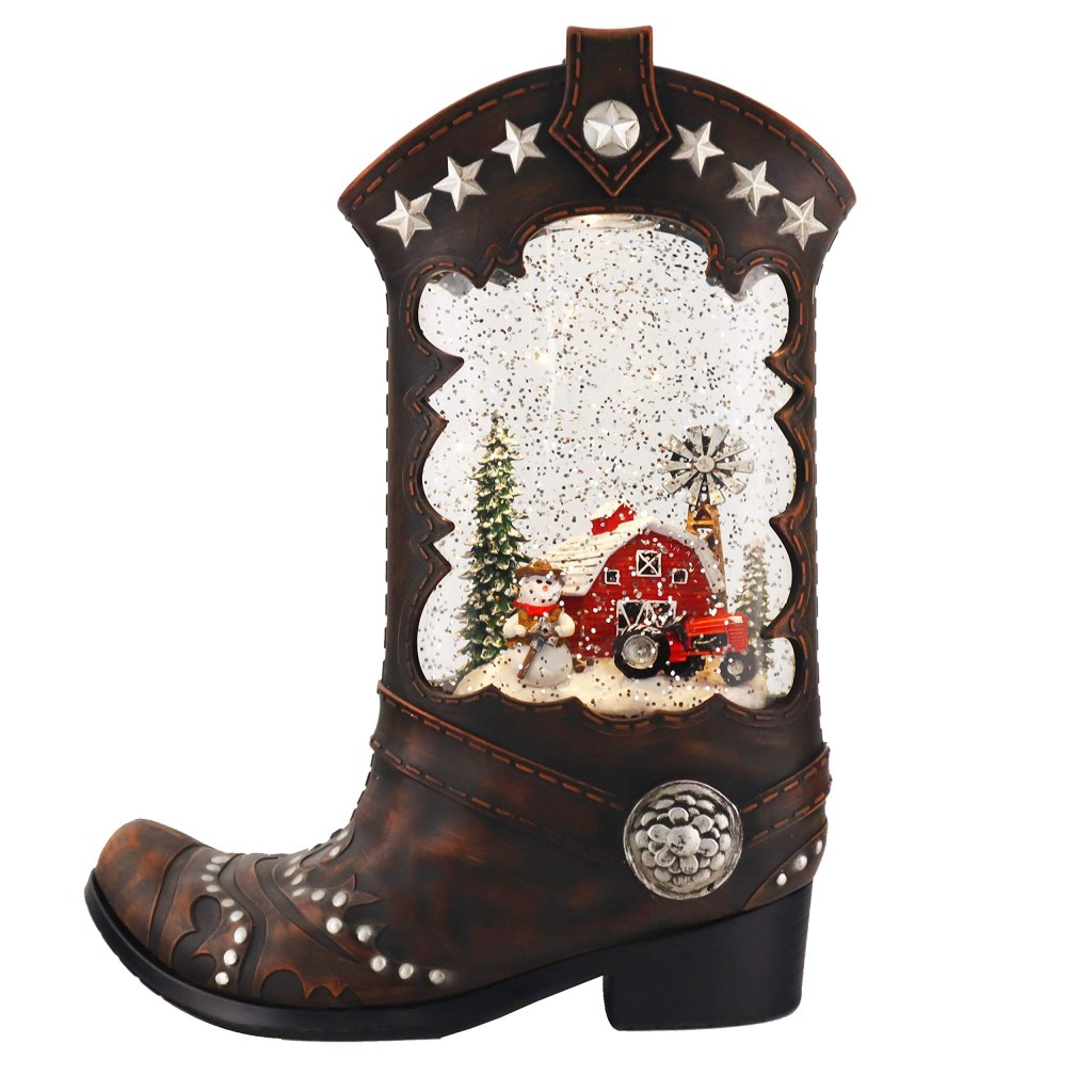 Picture of: Victory Creative Snowman & Barn House Lighted Boot Snow GlobeTable Piece