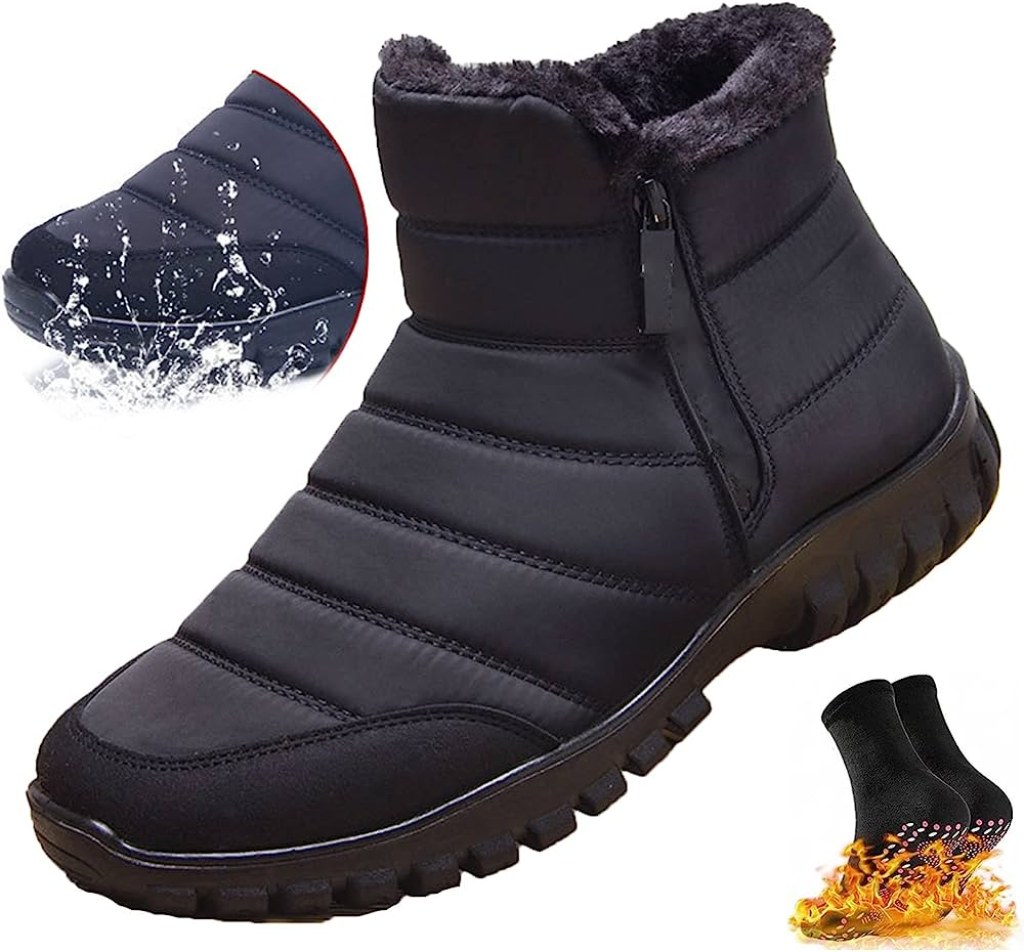 Picture of: Waterproof warm cotton zip snow boots for men, men’s winter shoes, non-slip  ankle boots, waterproof, warm, fur lined trainers with self-heating socks